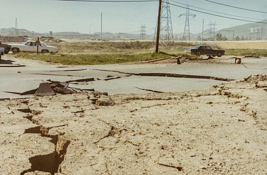Lateral deformation of the ground near the Sylmar Power station, close to the epicenter of the earthquake.